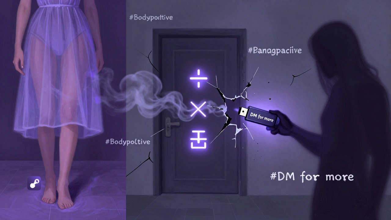 A surreal digital collage of Tumblr blogs linking to hidden content through symbolic icons and floating hashtags.