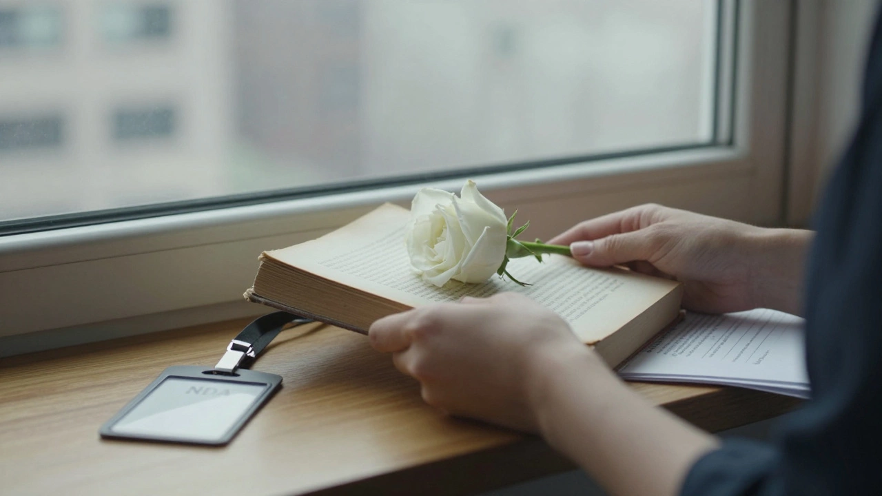 A woman&#039;s hands holding a book and rose, with privacy documents nearby, symbolizing dignity and quiet resilience.