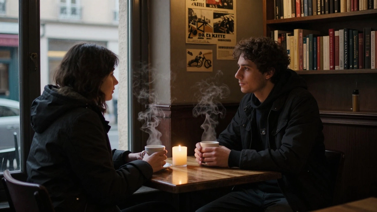 Two people share a quiet moment in a cozy café, steam rising from mugs in dim candlelight.